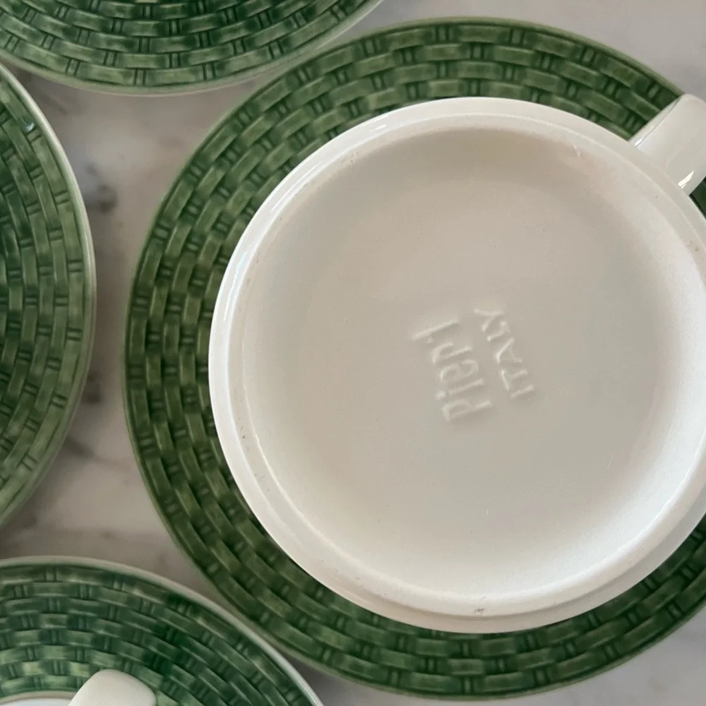 Pier 1 Stackable Coffee Mug & Basket Weave Green/white Saucer Set Of 6 Italy